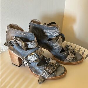 Gray and Brown Chunky Heel Strappy Shoes